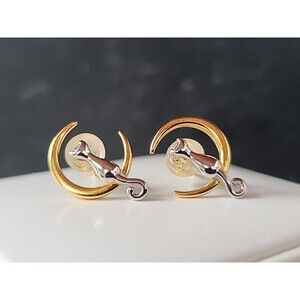 925 Sterling Silver Two Toned Cat Sitting On A Crescent Moon Stud Earrings